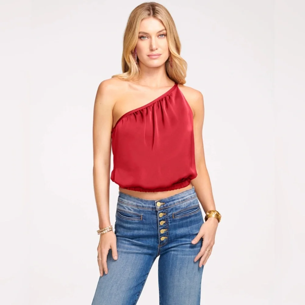 RAMY BROOK Cheryl One Shoulder Satin Crop Top in Blush - Picture 2 of 8